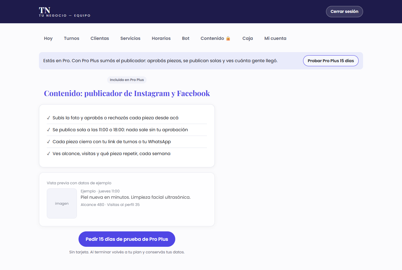 Contenido (se activa con Pro Plus): pantalla de ejemplo