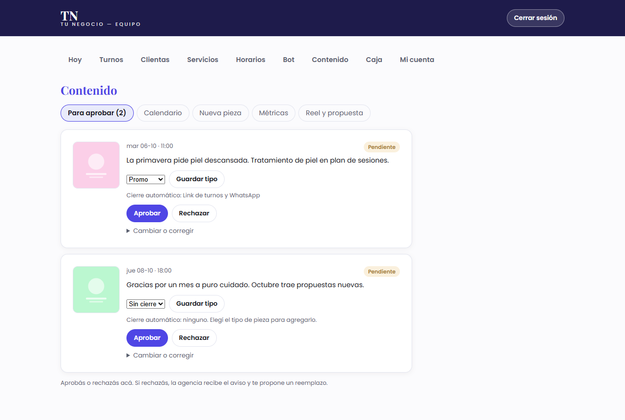 Publicaciones para aprobar: pantalla de ejemplo
